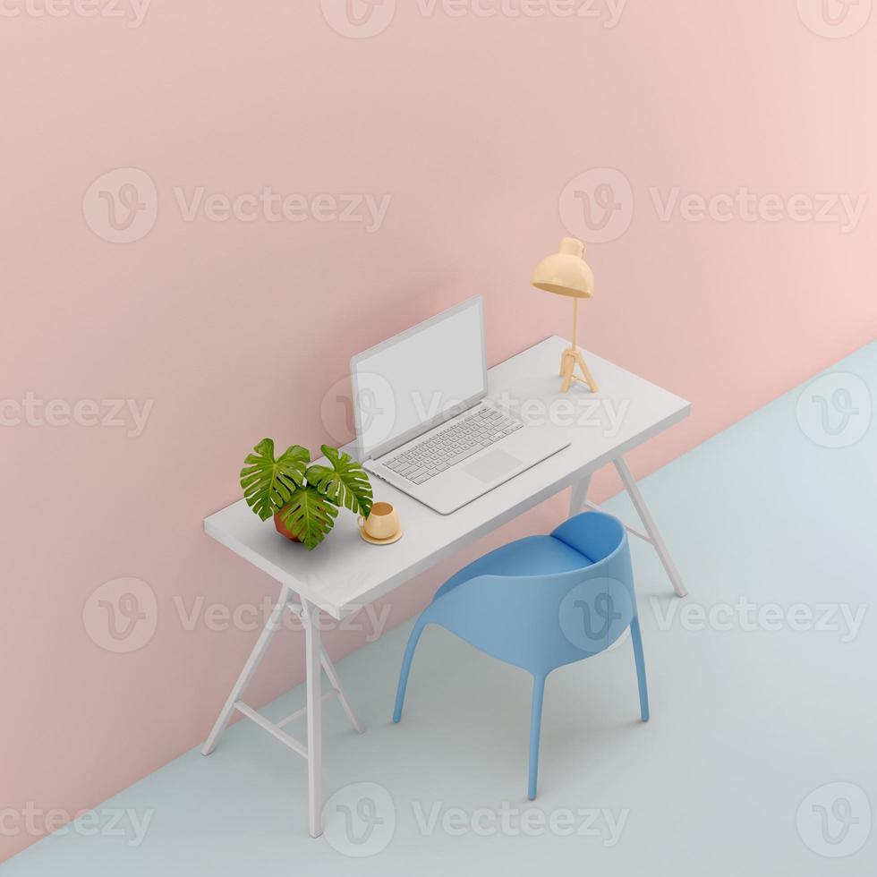 Table with laptop mock up pastel color.Blue chair,yellow lamp,white table on pink background.Isomatric3d rendering photo