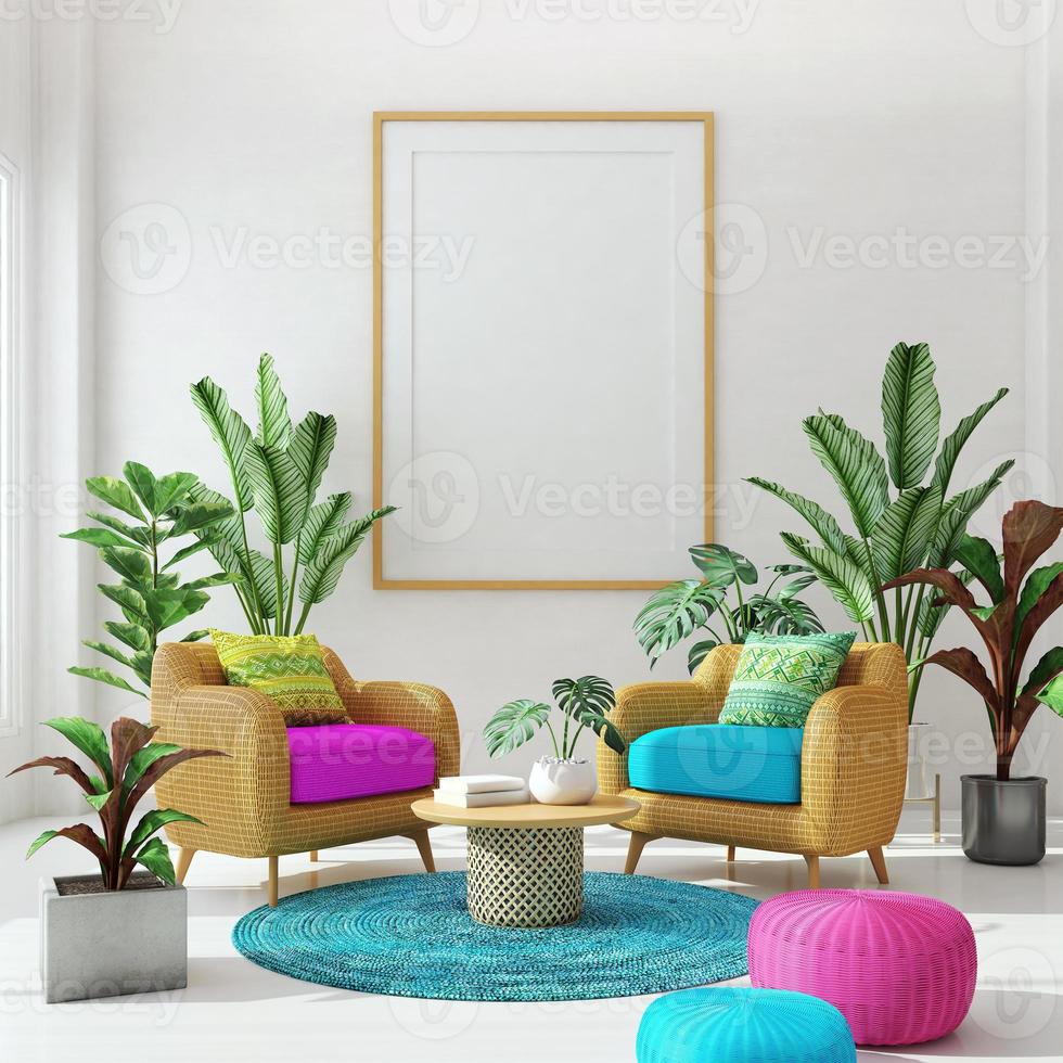 Living room design with magenta and blue color.Plant on  background and blank canvas.Rattan armchair.3d rendering photo