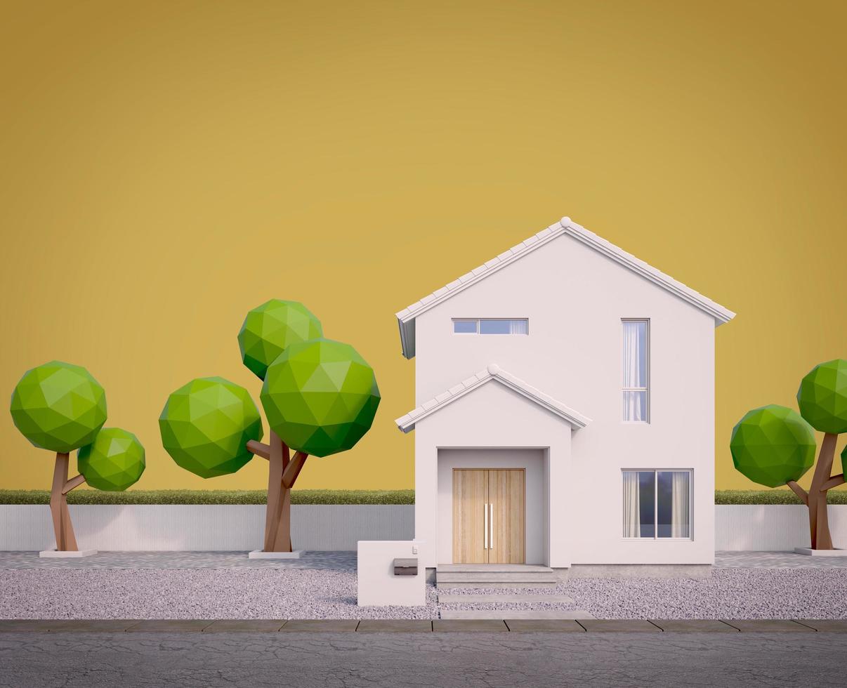 exterior de la casa blanca. techo a dos aguas, ventana de vidrio y árboles bajos de polietileno con fondo amarillo. representación 3d foto