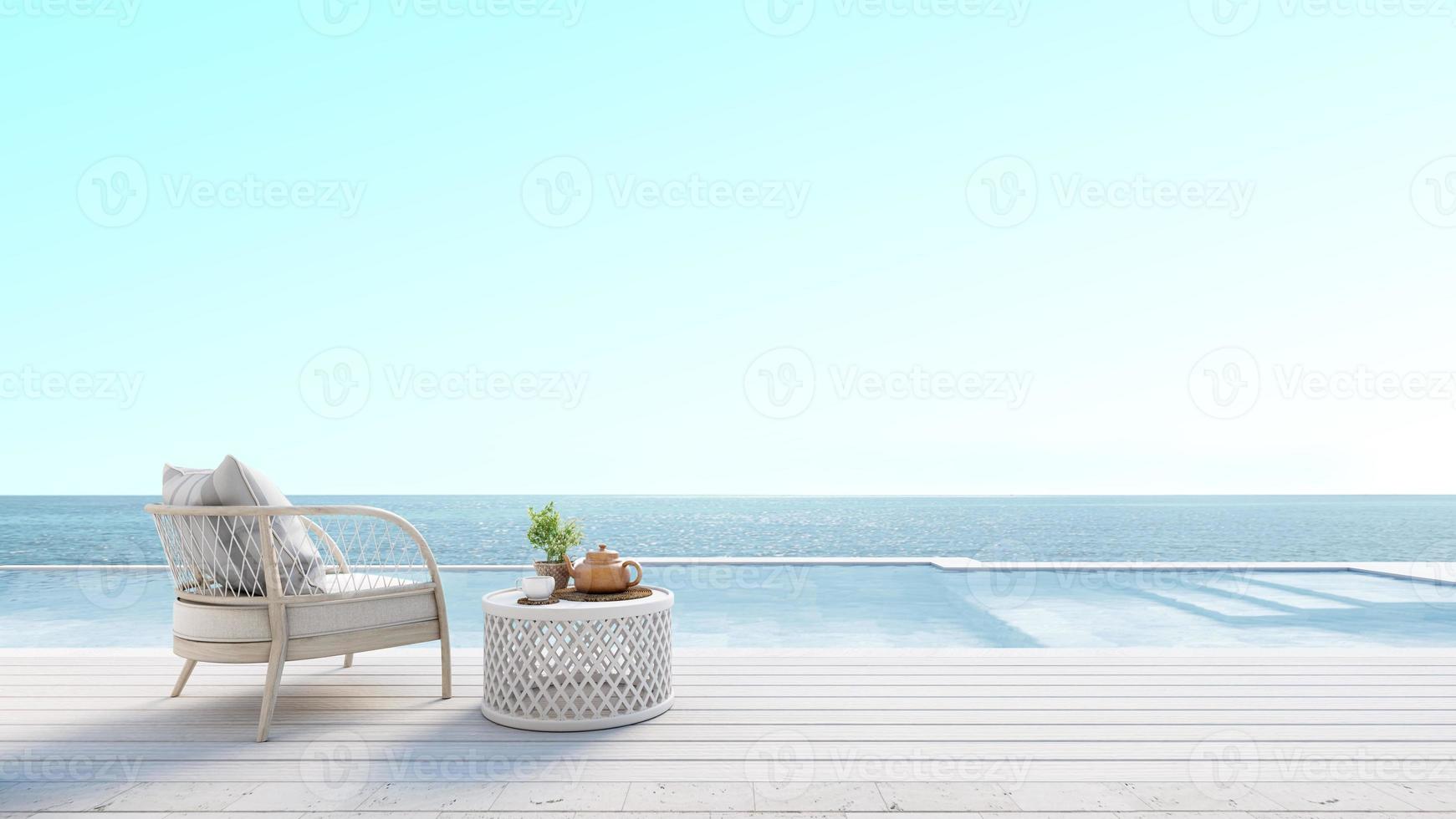 Beach lounge with sundeck,pool and sea view for vacation and summer.3d rendering photo