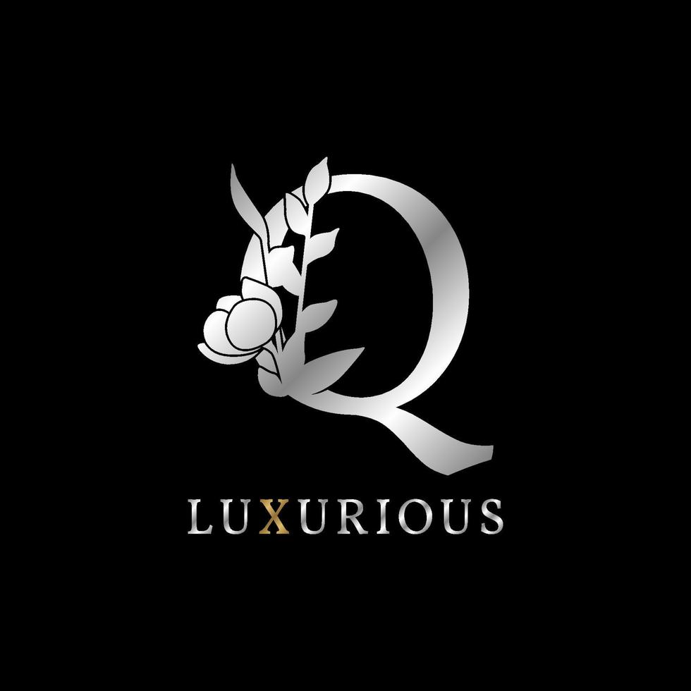 letter Q flower leaves decoration for wedding, beauty care logo, personal branding identity, make up artist or any other royal brand and company. luxurious gold and silver color sample in dummy text vector