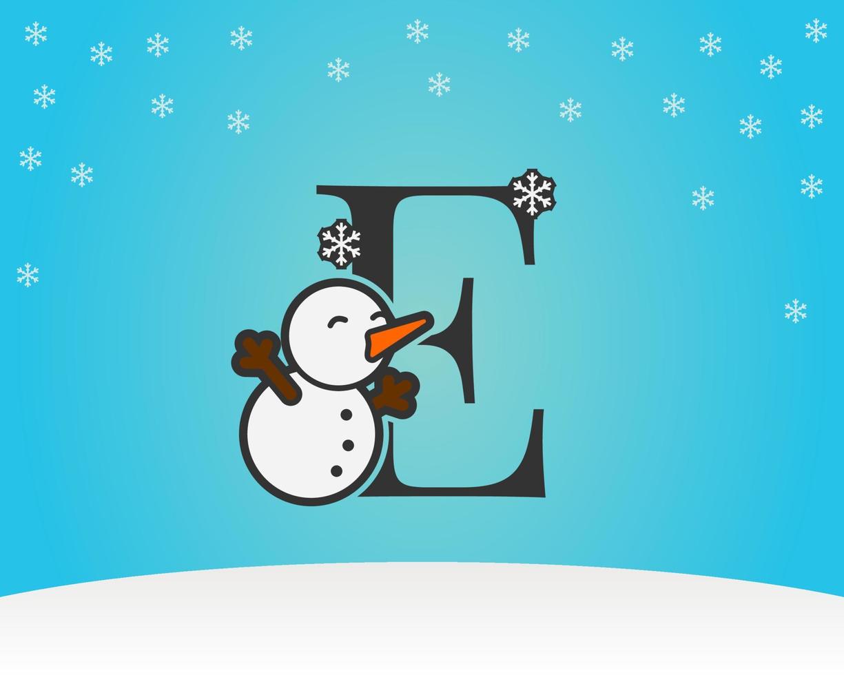 fun and cute letter E snow man decoration with snow flakes winter background vector