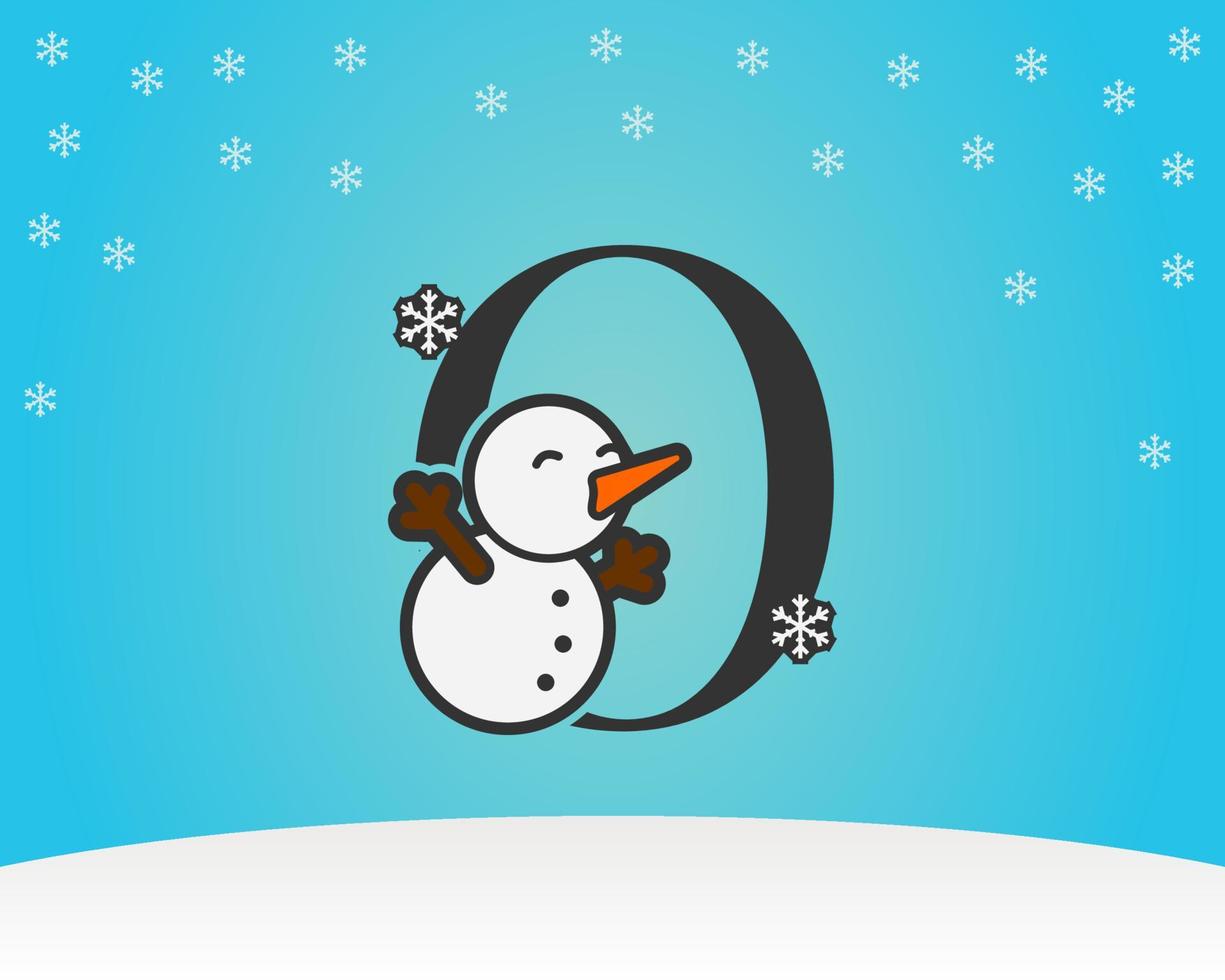 fun and cute letter O snow man decoration with snow flakes winter background vector