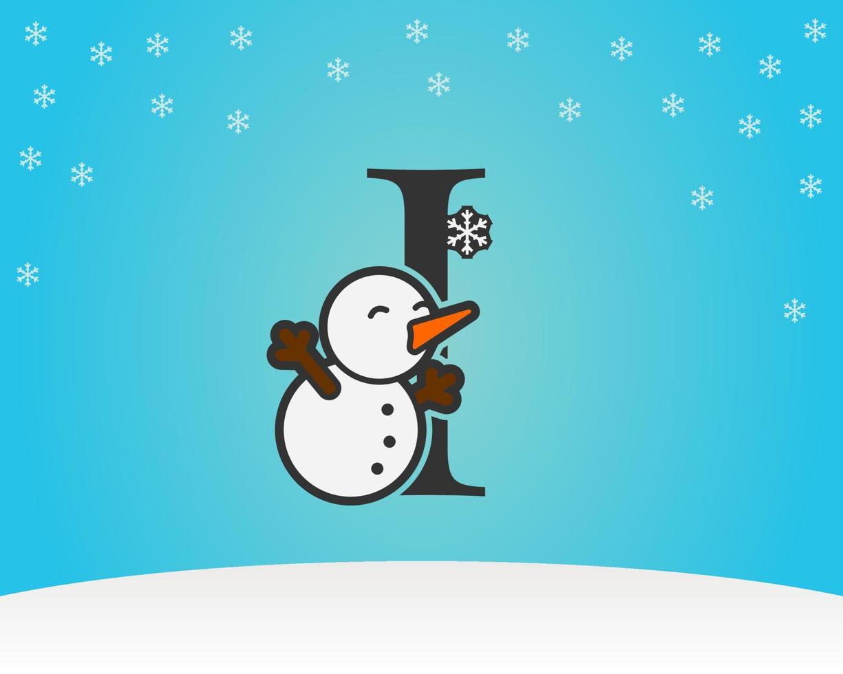 fun and cute letter I snow man decoration with snow flakes winter background vector