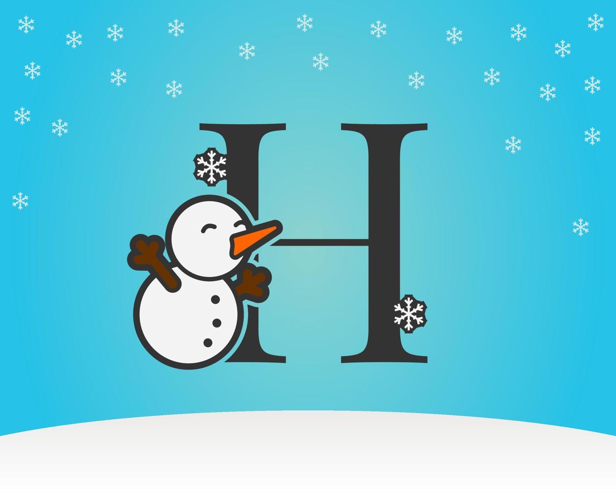 divertida y linda letra h muñeco de nieve decoración con copos de nieve fondo de invierno vector