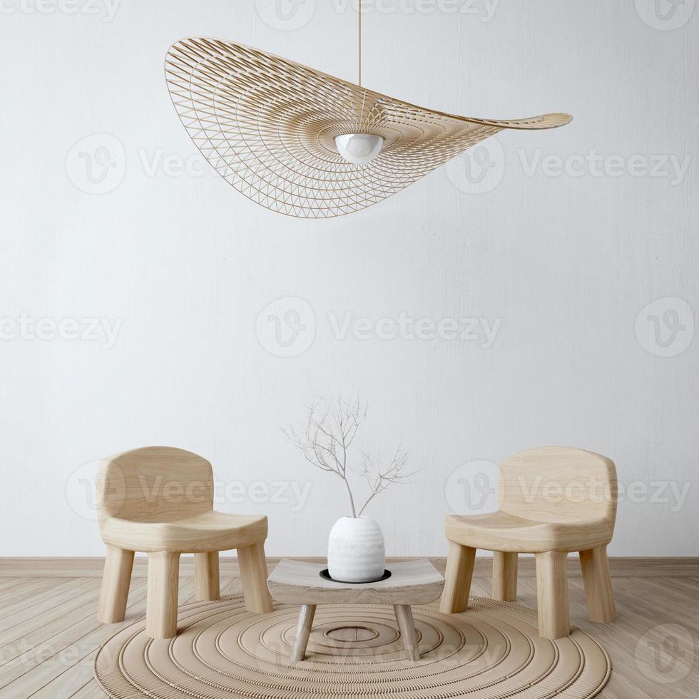 Japandi style interior.Minimal living room with wood chairs and ceiling lamp.3d rendering photo