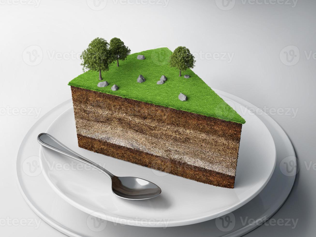 Land piece of cake with spoon and plate.Concept for land investments.3d rendering photo