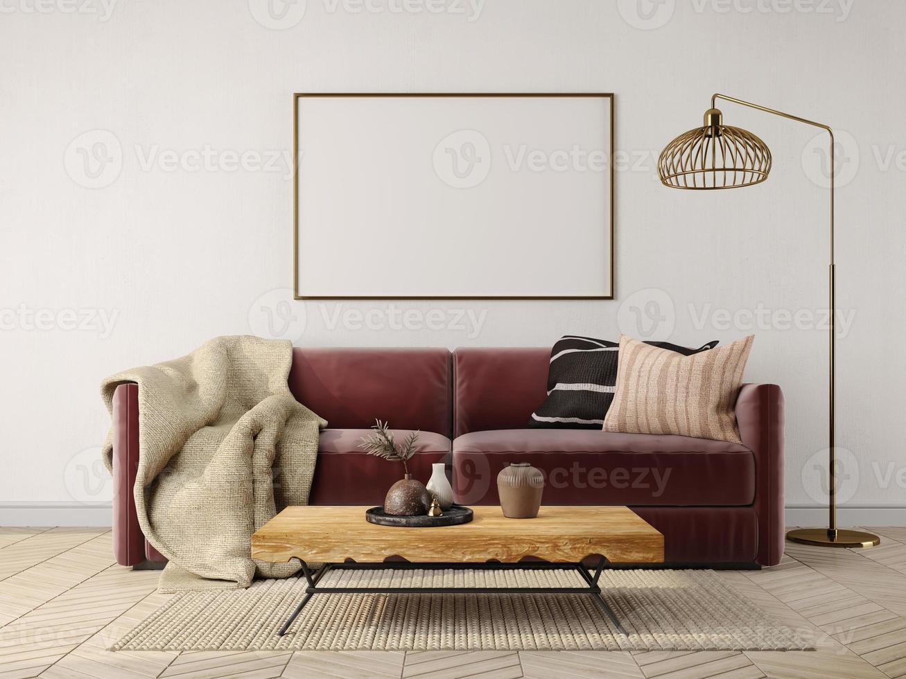 Mockup living room interior with wine red sofa ,table lamp and blank canvas.3d rendering photo