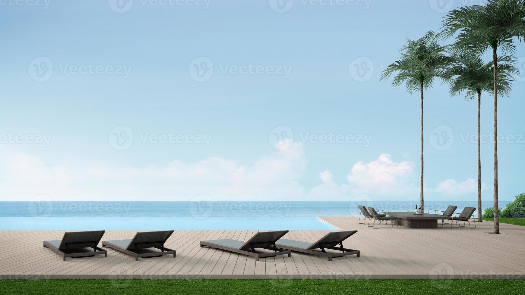 Sunbeds and dining table on wooden floor deck with infinity edge swimming pool.3d rendering photo