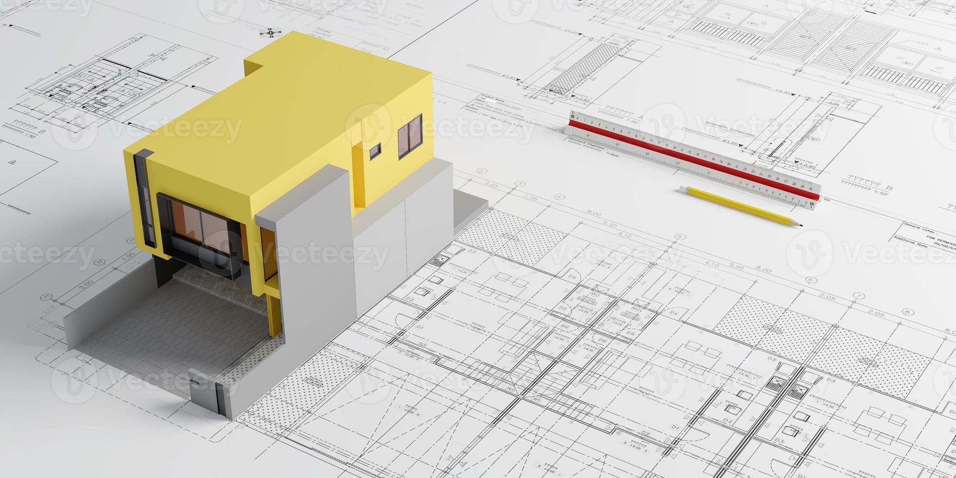 planos de planos y modelo de casa amarilla con regla de escala y lápiz.concepto de arquitecto.representación 3d foto