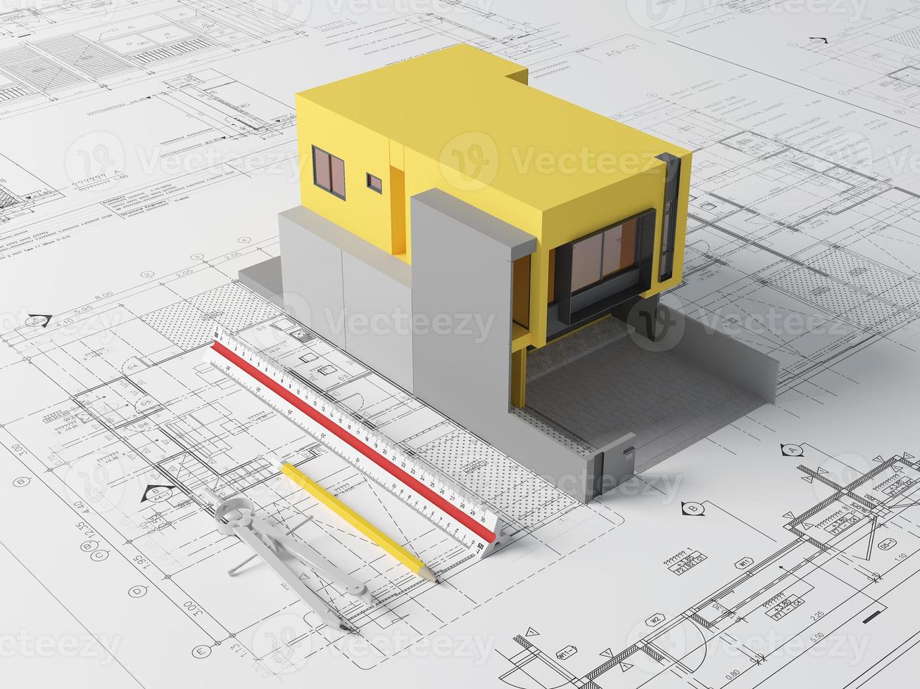 Blueprint plans and yellow house model with scale ruler,compass and pencil.Architect concept.3d rendering photo