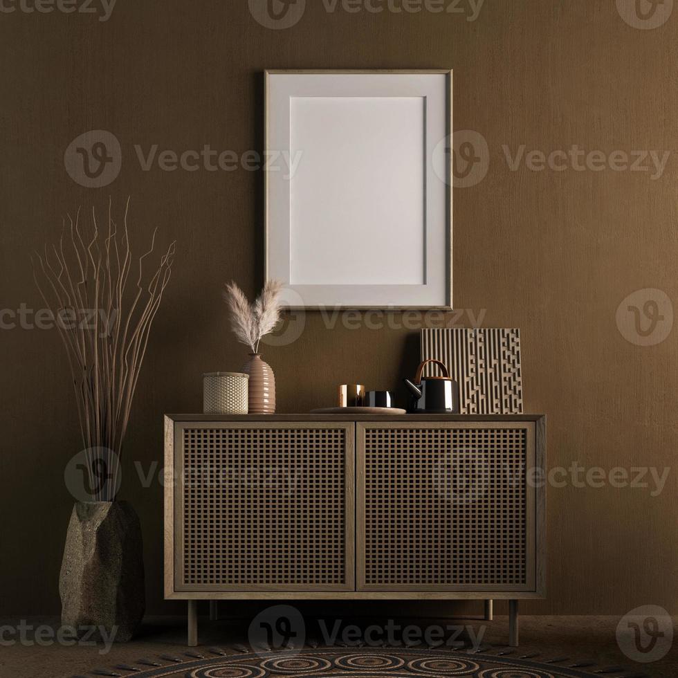 Frame mockup in brown dark room with wood drawer and stone vase.3d rendering photo