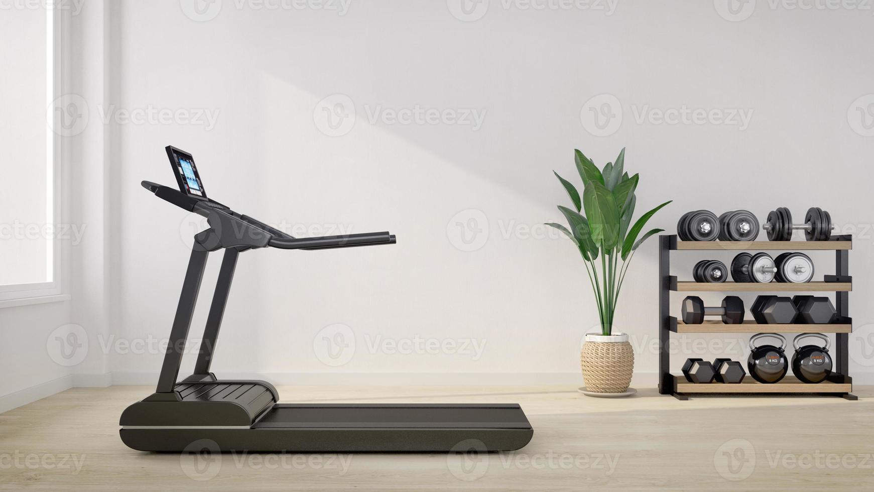 Treadmill in white room with dumbbell rack.3d rendering photo