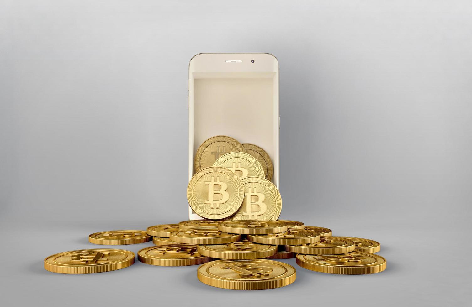 Bitcoin come out from smartphone.Concept for online trading.3d rendering photo