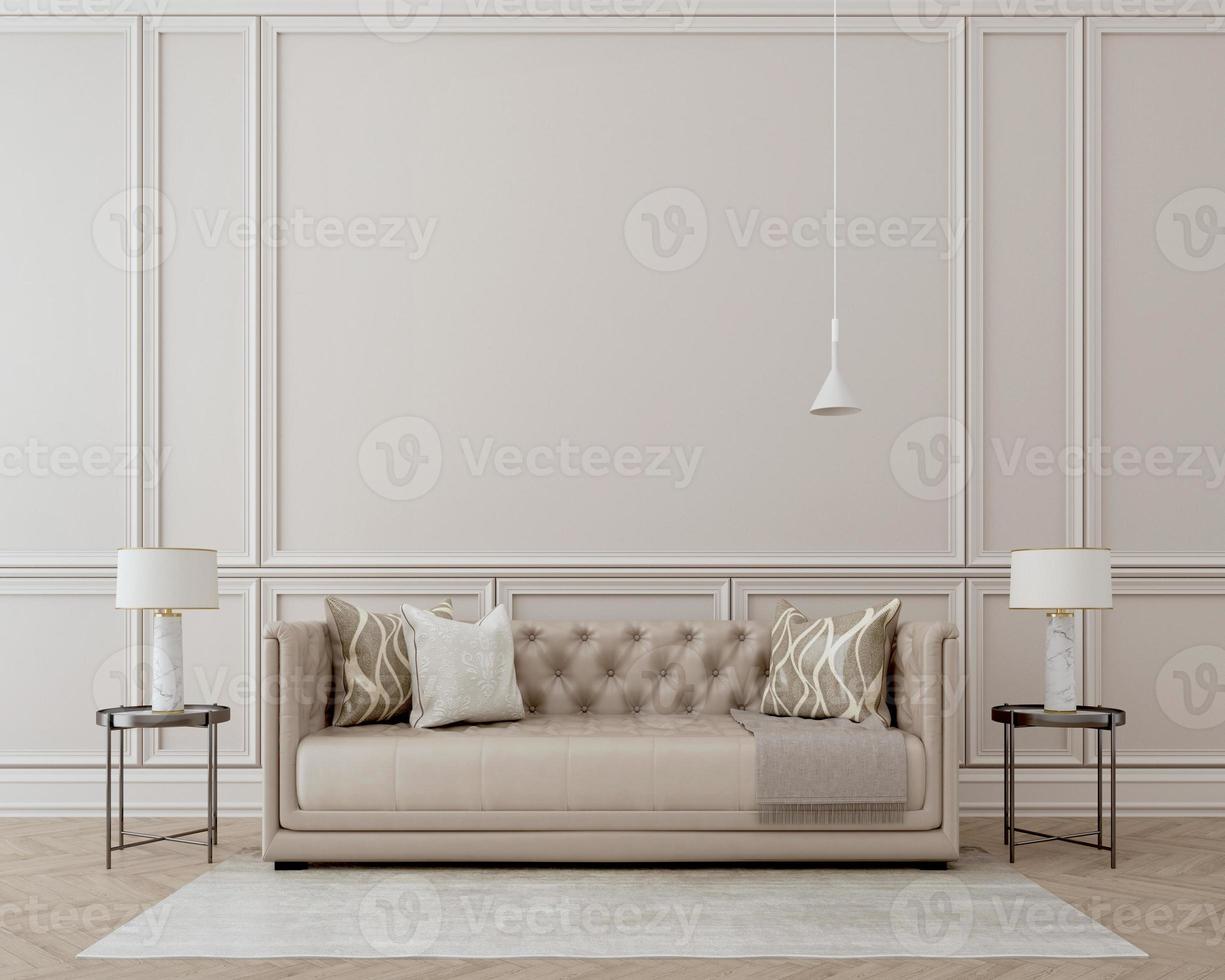 Modern classic interior.Sofa,side tables with lamps.White wall and wooden floor with carpet. 3d rendering photo