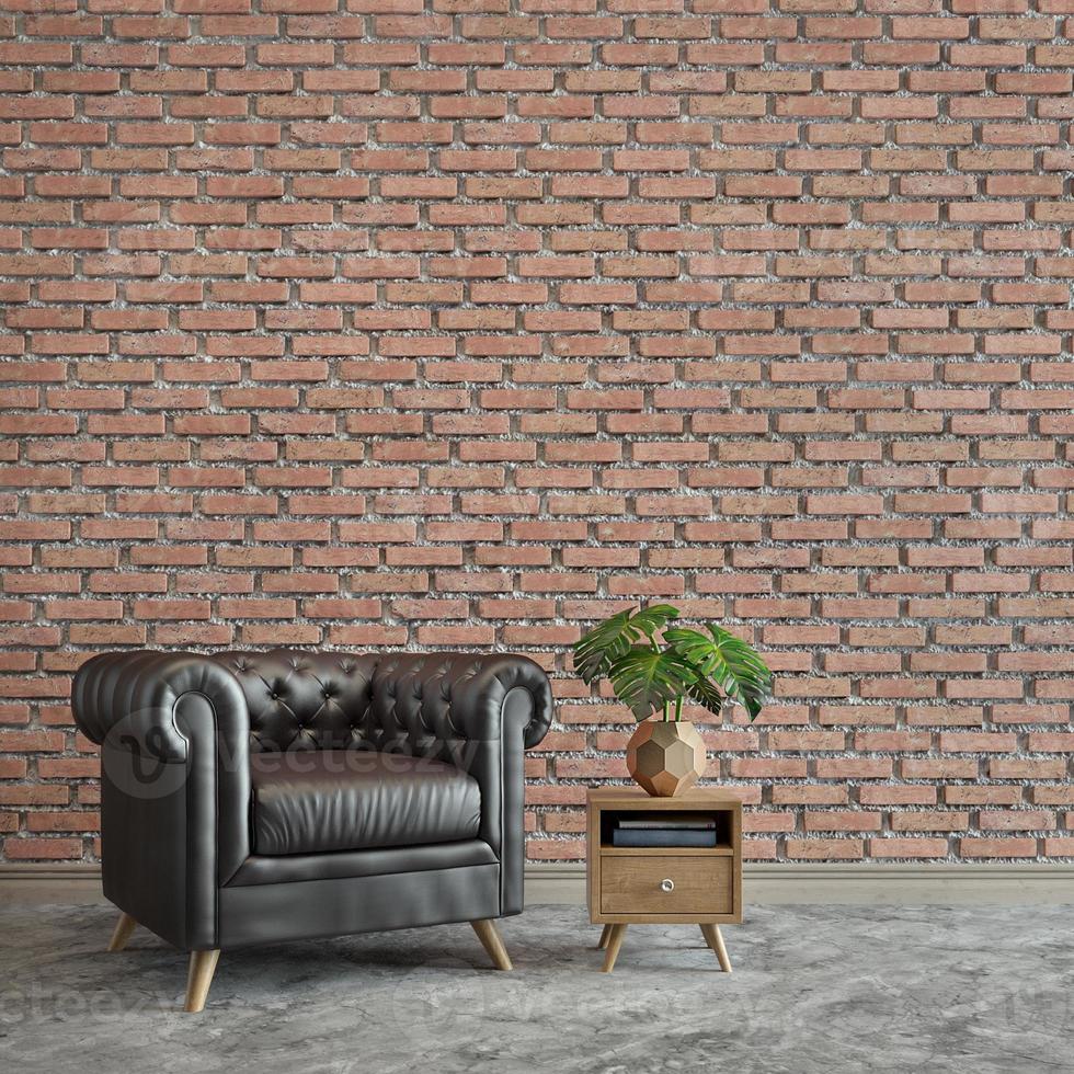 Loft style interior.Black leather armchair with table and vase.Concrete polishing floors.Old brick wall background.3d rendering photo