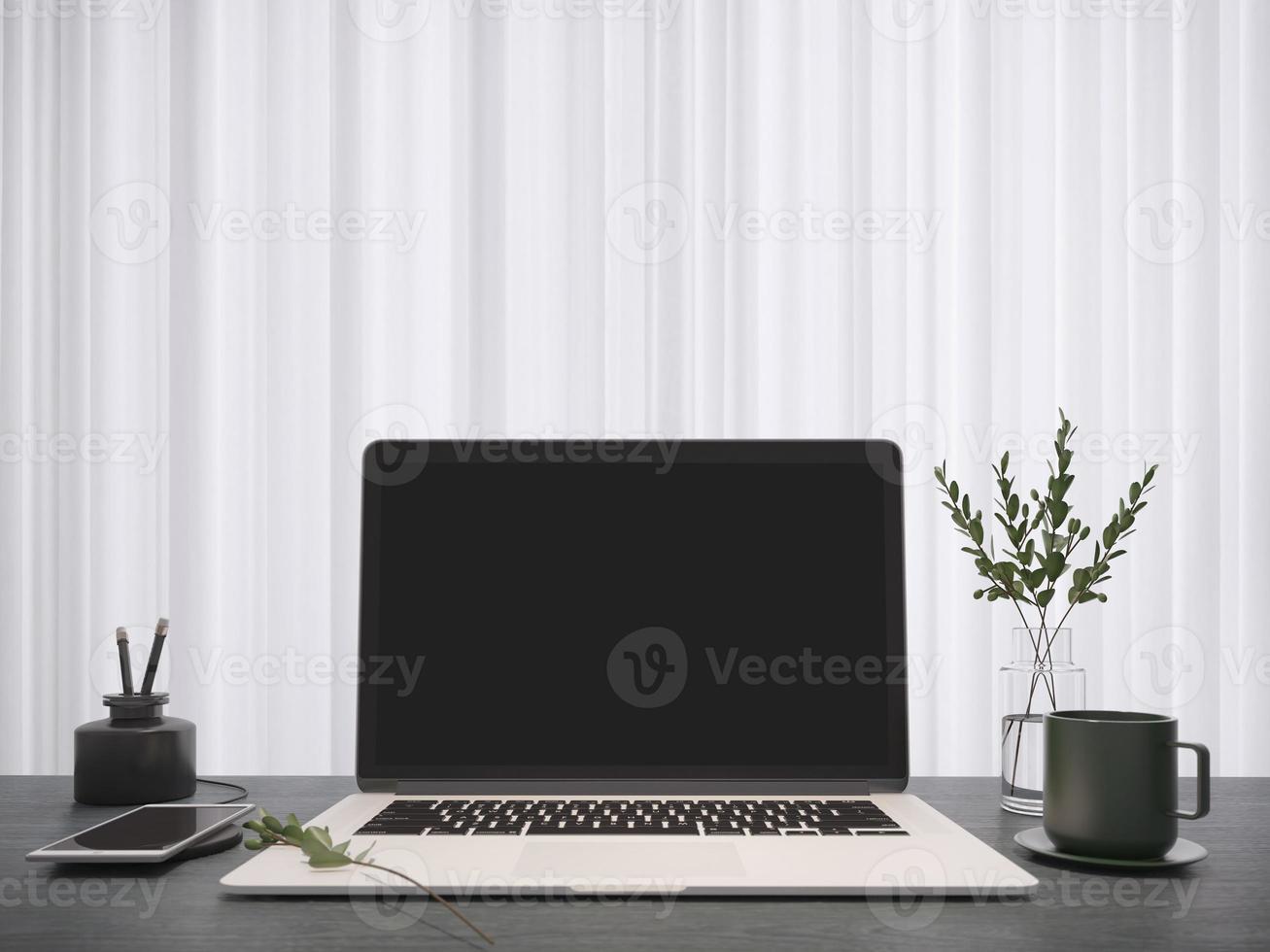 Workspace with laptop.Smart phone charging,vase,coffee cup on wooden desk and white curtain.Work from home concept.3d rendering photo