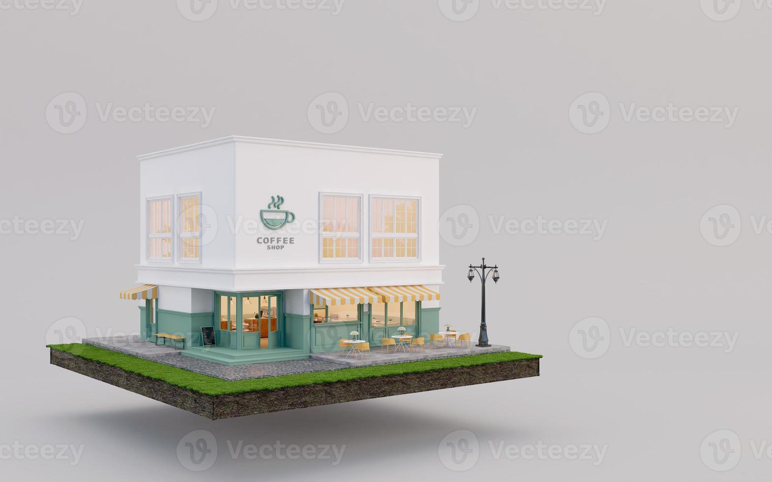 Coffee shop on earth and lawn grass in real estate sale or property investment concept.3d rendering photo