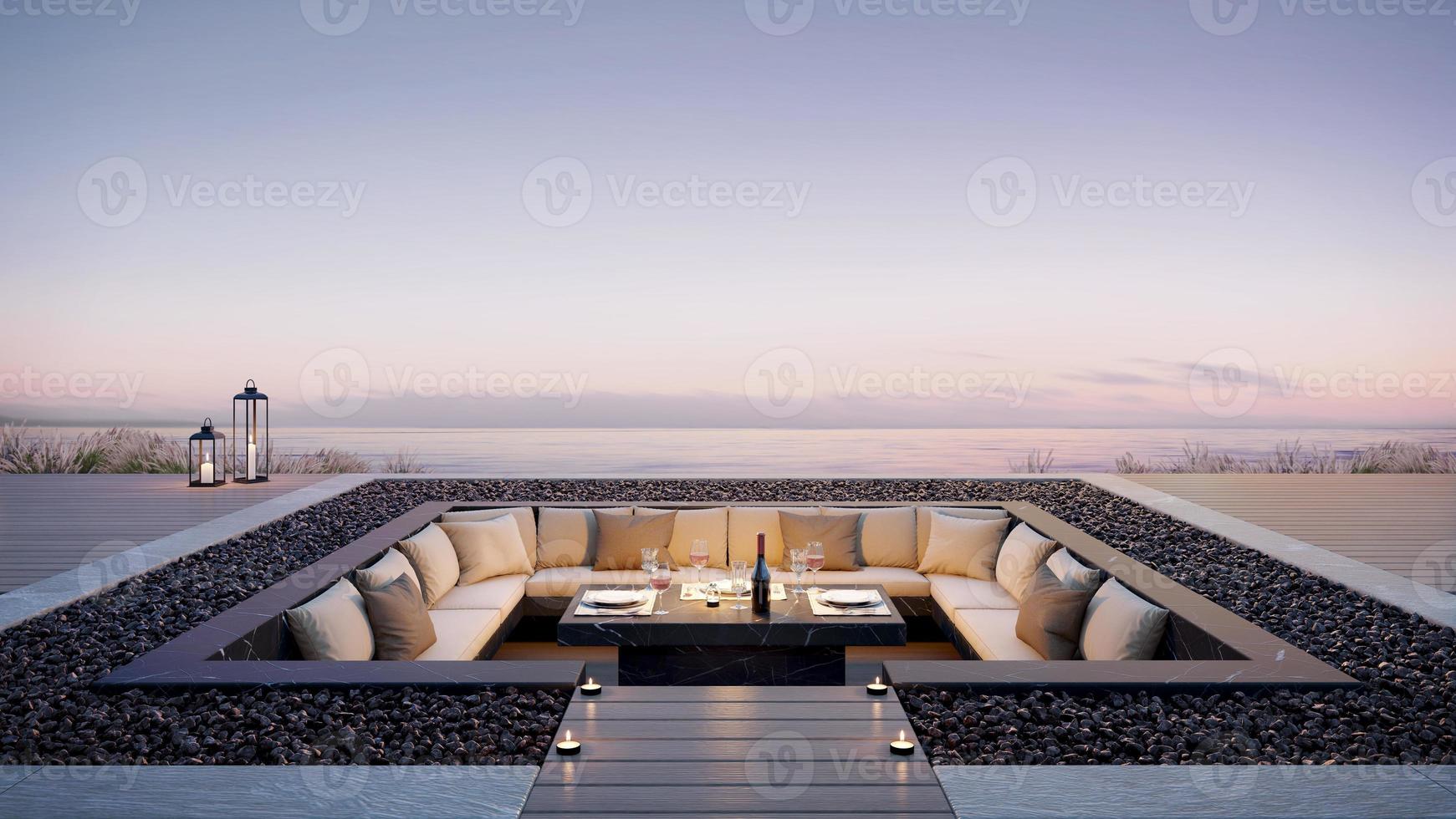 Luxury sofa with sea view.Sun set scene at luxury hotel lounge on outdoor balcony for party.3d rendering photo