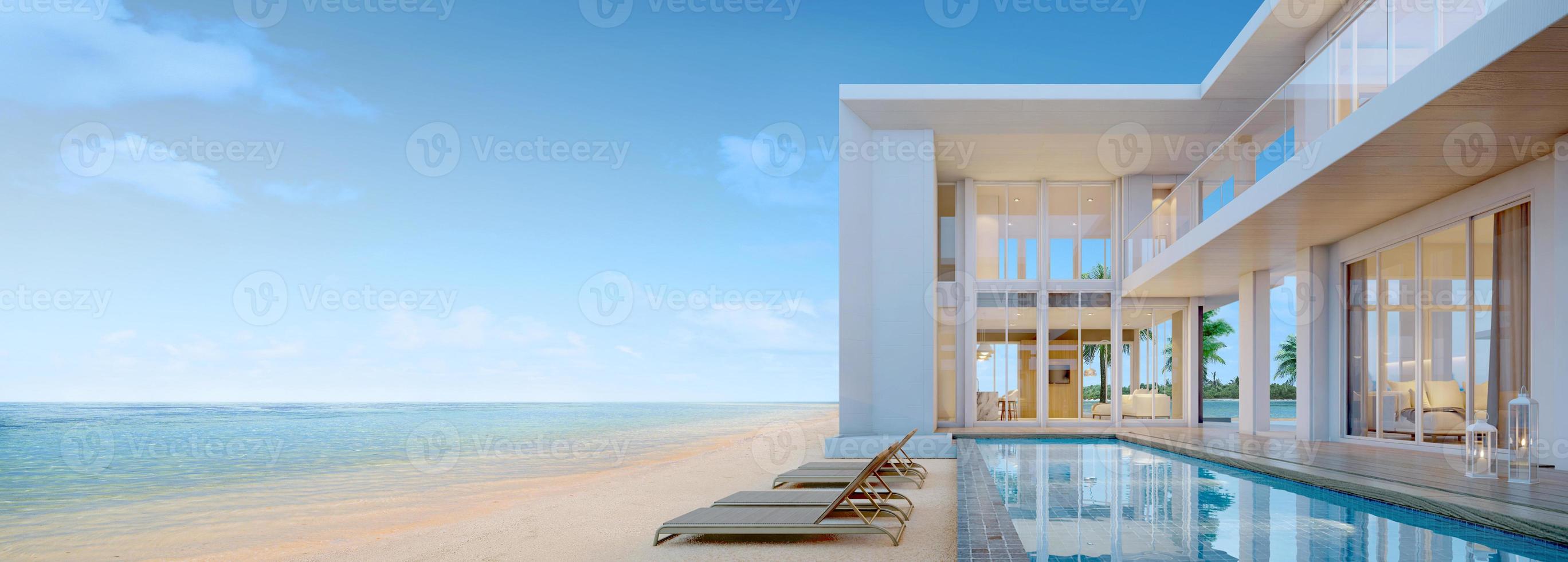 vista al mar. casa de playa moderna de lujo con piscina y tumbona para casa de vacaciones u hotel. Representación 3d foto