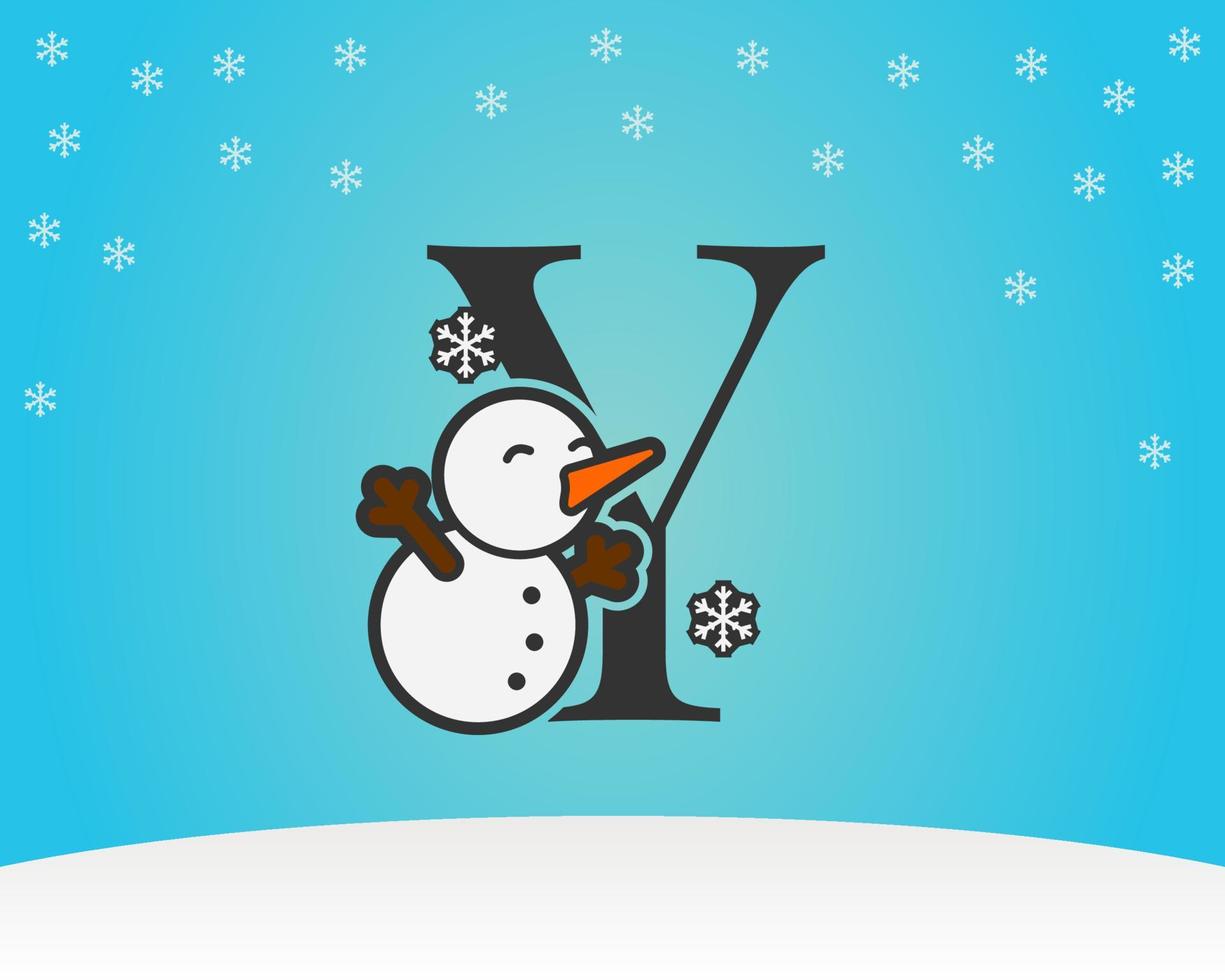 fun and cute letter Y snow man decoration with snow flakes winter background vector