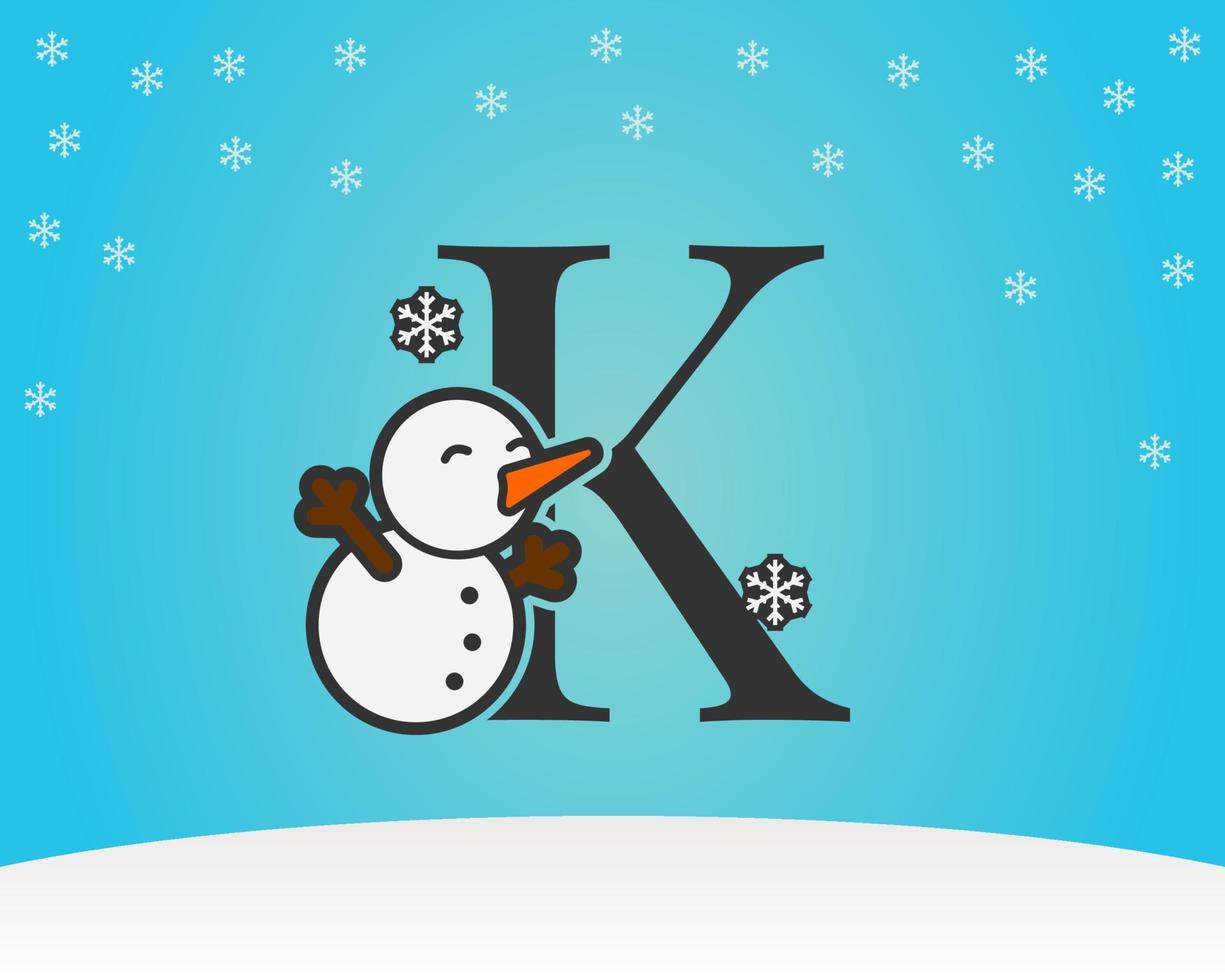 fun and cute letter K snow man decoration with snow flakes winter background vector