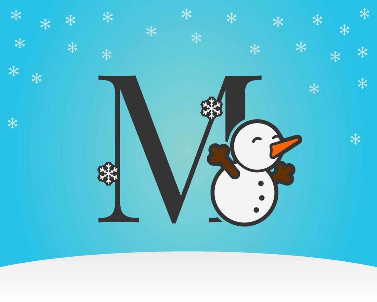fun and cute letter M snow man decoration with snow flakes winter background vector