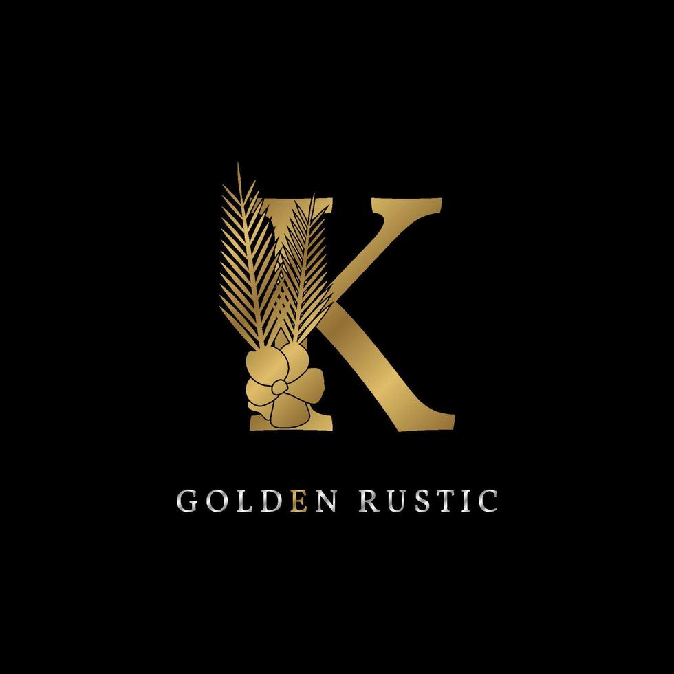 luxurious letter K with flower and palm leaves golden rustic vintage brand for royal company, event or personal identity, salon, spa, fashion, beauty care. silver color in dummy text vector