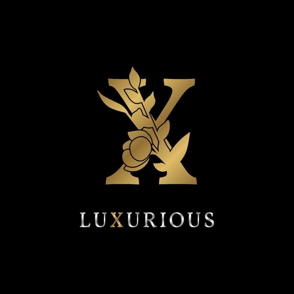 letter X flower leaves decoration for wedding, beauty care logo, personal branding identity, make up artist or any other royal brand and company. luxurious gold and silver color sample in dummy text vector