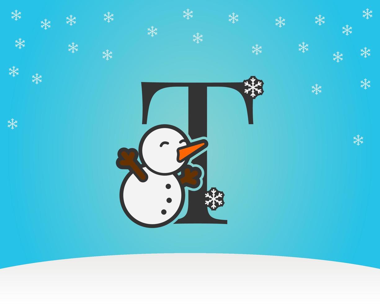 fun and cute letter T snow man decoration with snow flakes winter background vector