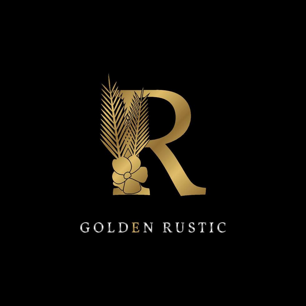 luxurious letter R with flower and palm leaves golden rustic vintage brand for royal company, event or personal identity, salon, spa, fashion, beauty care. silver color in dummy text vector