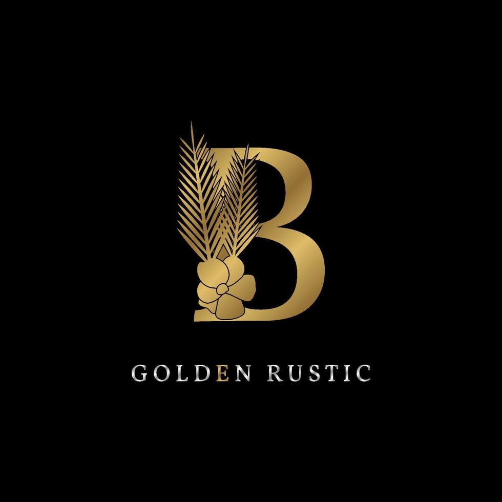 luxurious letter B with flower and palm leaves golden rustic vintage brand for royal company, event or personal identity, salon, spa, fashion, beauty care. silver color in dummy text vector