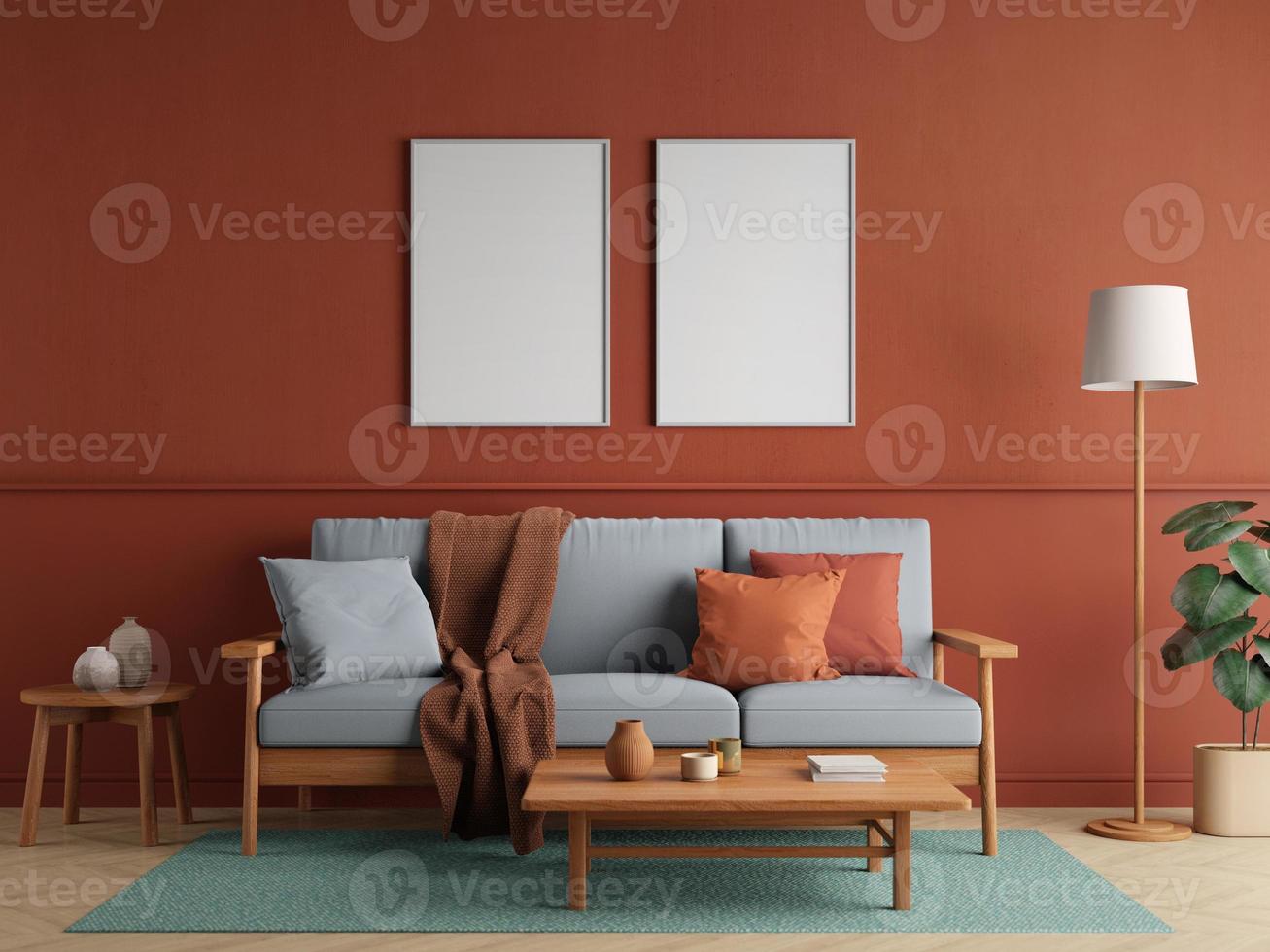 Mockup red living room interior with sofa table lamp and blank canvas.3d rendering photo