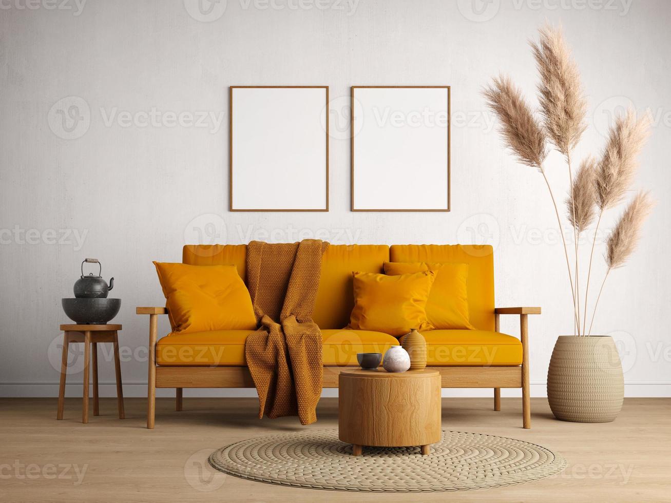 Living room interior.Wooden sofa with yellow cushion on white wall background and blank picture frame.3d rendering photo