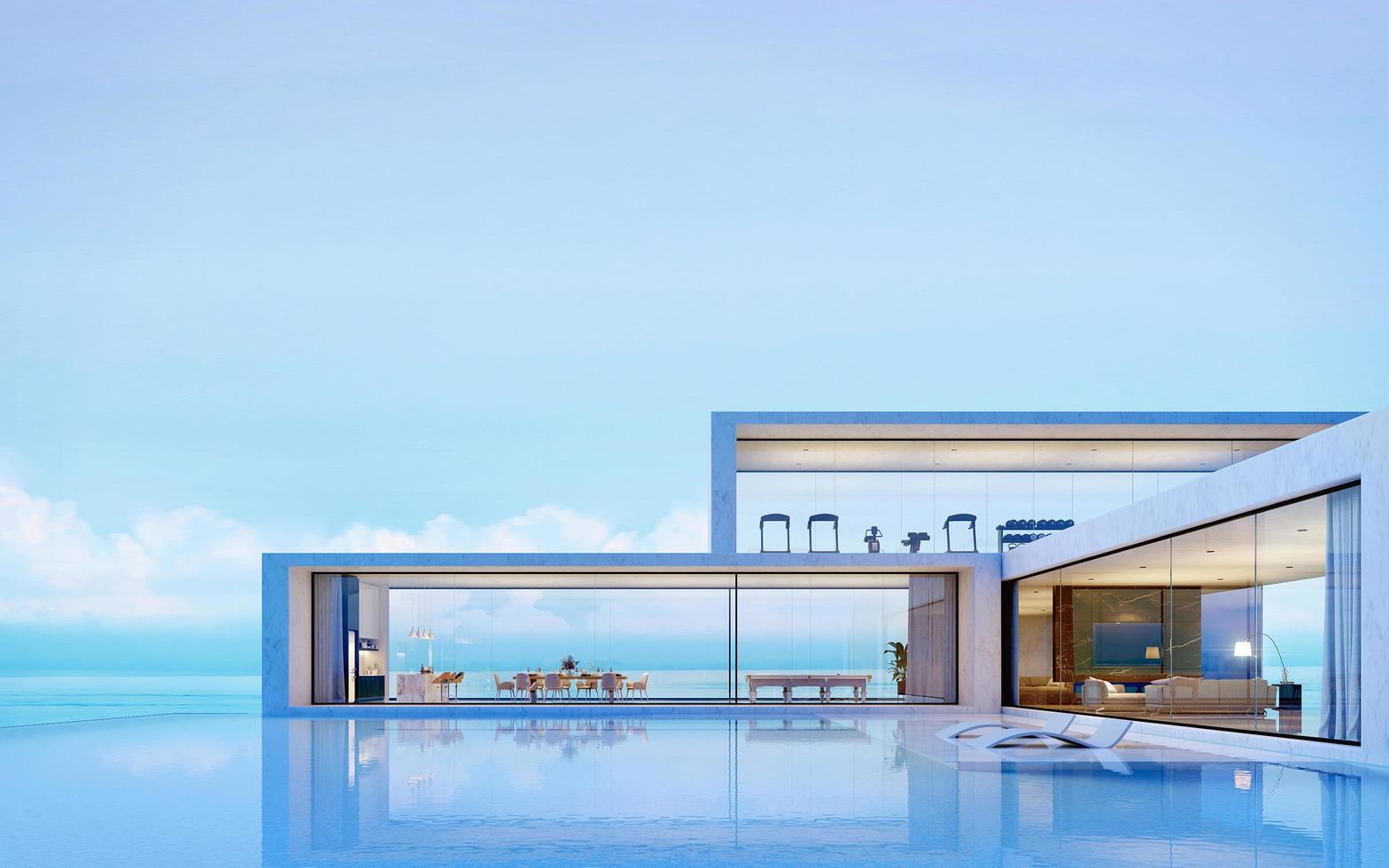 Modern luxury pool villa with sea view background.3d rendering photo