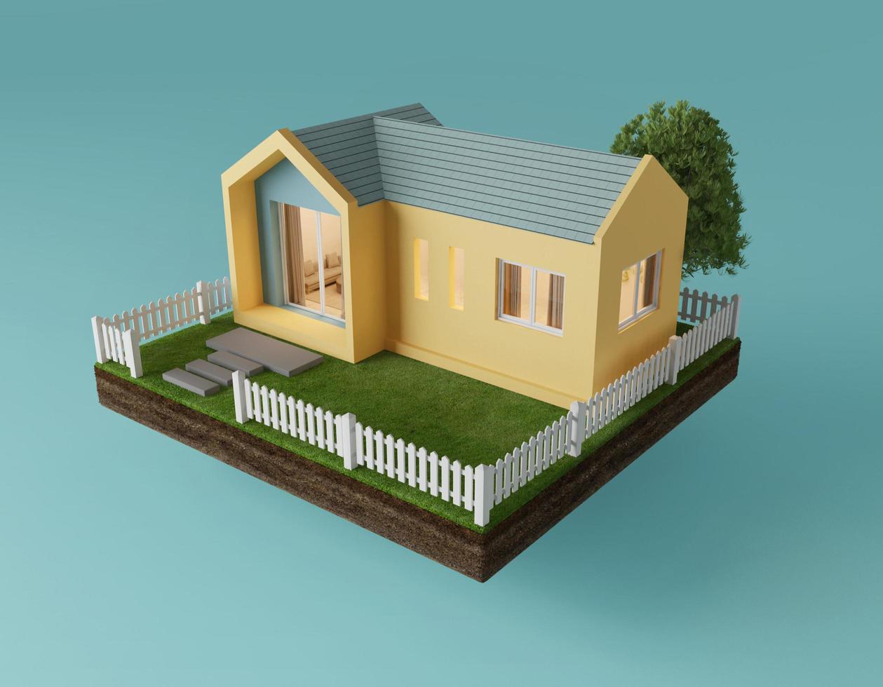 casa amarilla en la tierra representación 3d foto