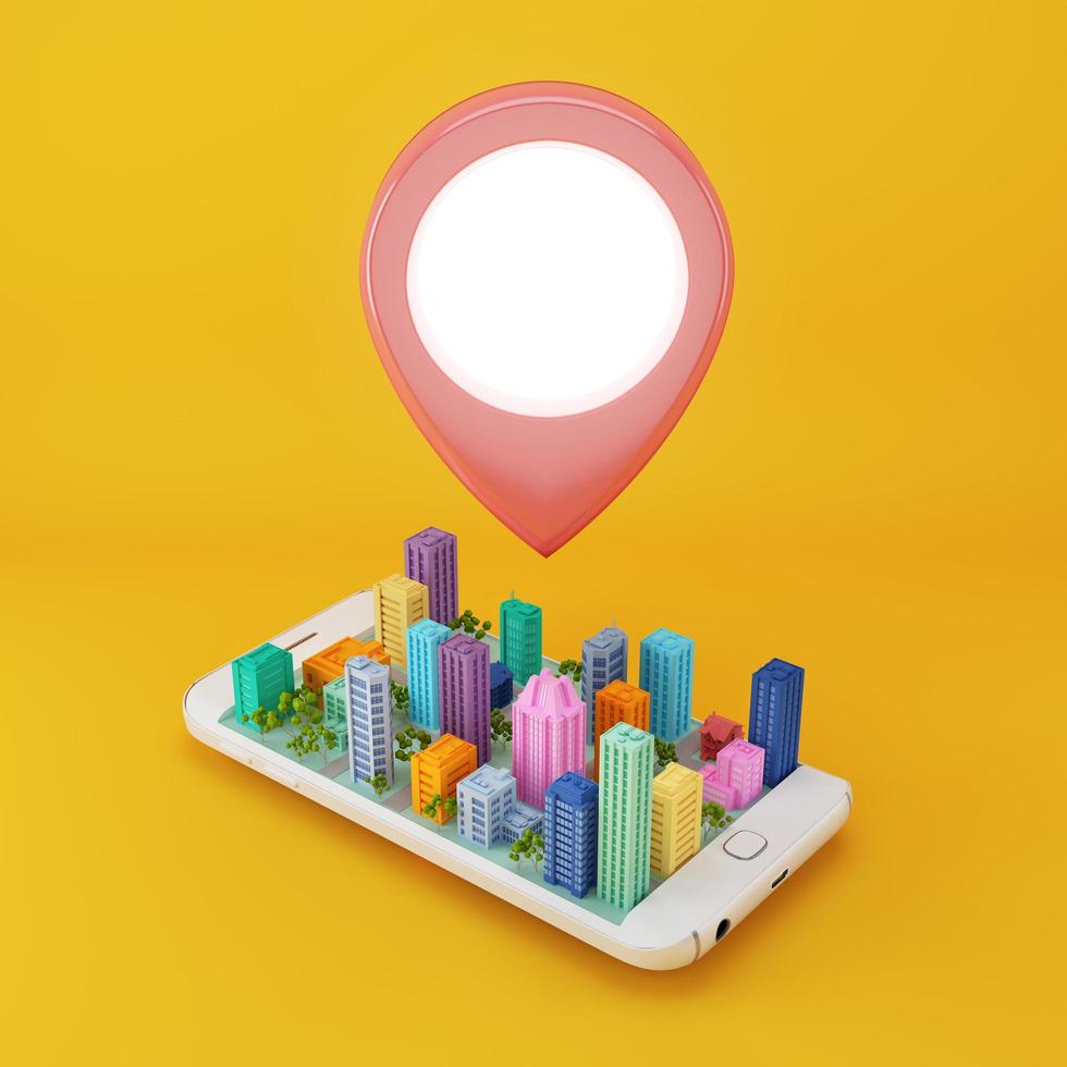 Location pin icon with city model on mobile phone.3d rendering photo