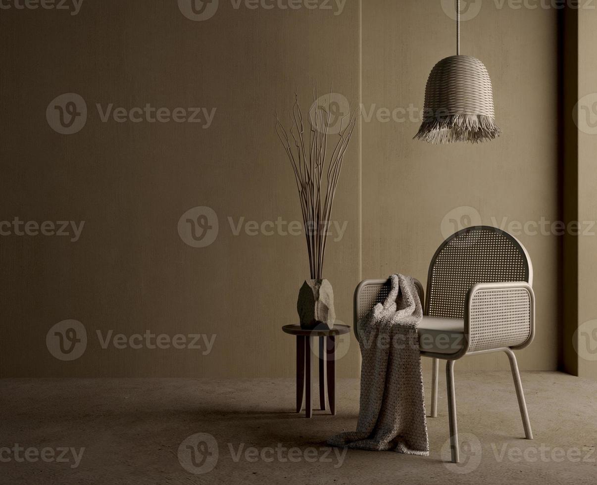 Dark brown living room with wicker chair,side table,lamp and vase on dark wall background.3d rendering photo