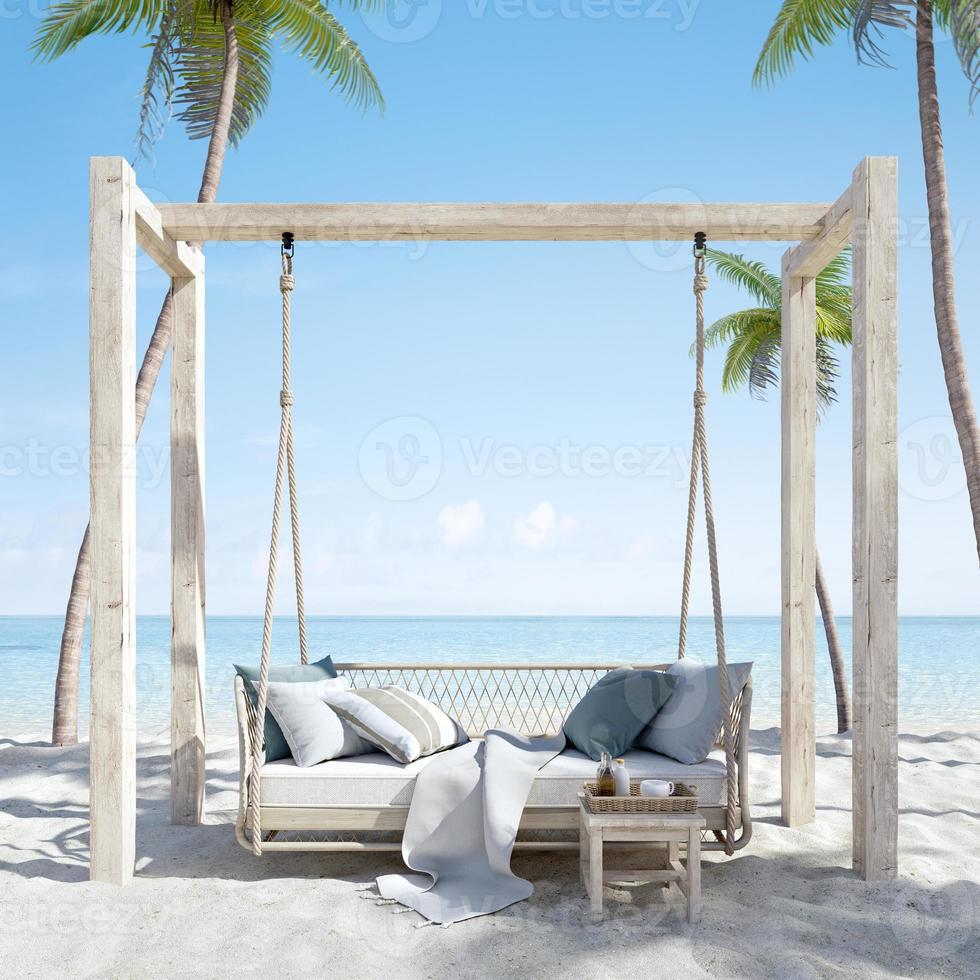 Hanging sofa on sand beach with palm.Concept for vacation and relaxation.3d rendering photo