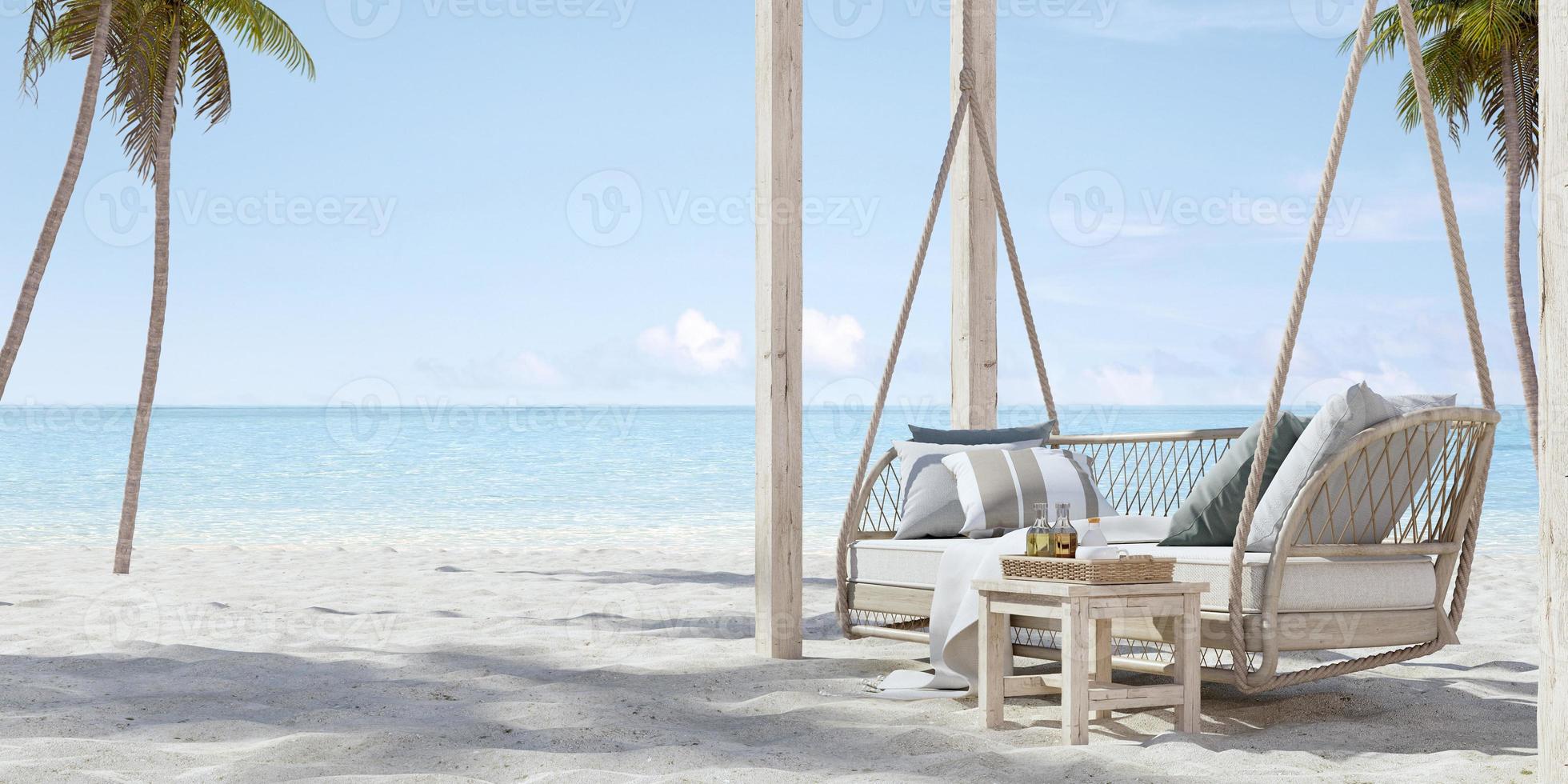 Hanging sofa on sand beach with palm.Concept for vacation and relaxation.3d rendering photo