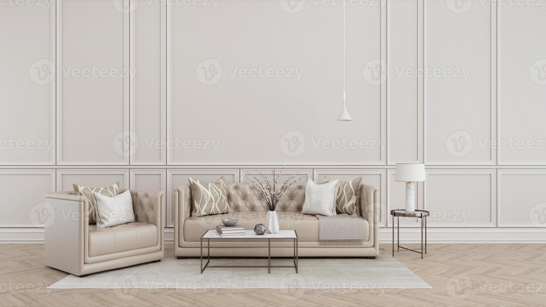 Modern classic interior.Sofa,armchair,side table with lamps.White vase on table.White wall and wooden floor with carpet. 3d rendering photo