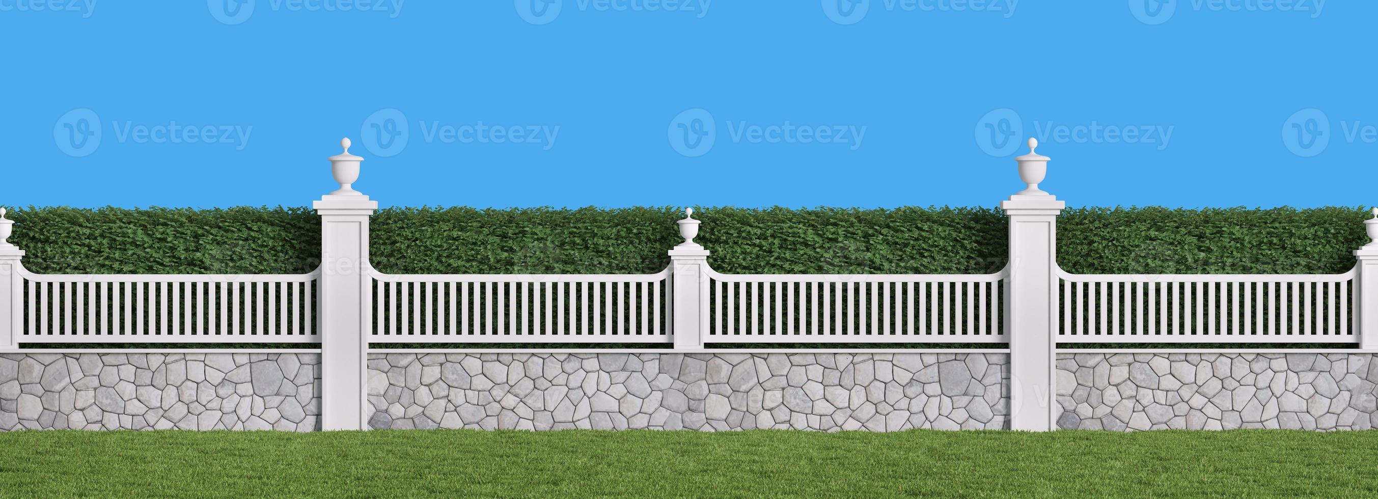 White fence with hedge and lawn grass.3d rendering photo