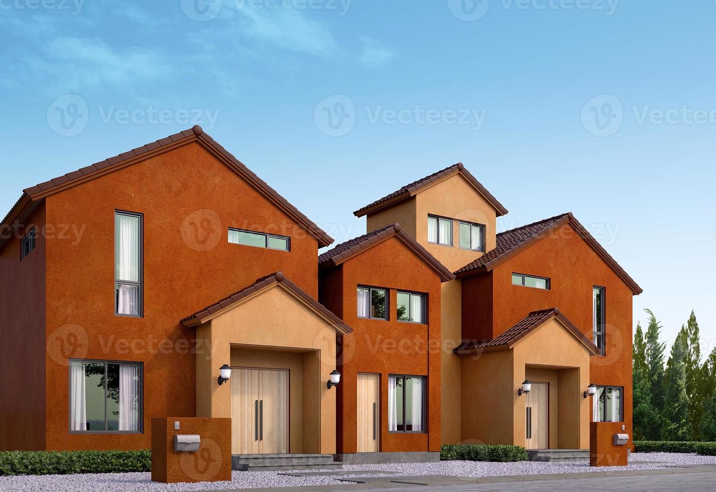 Suburban street with row of house.Gable roof house.3d rendering of residential building photo
