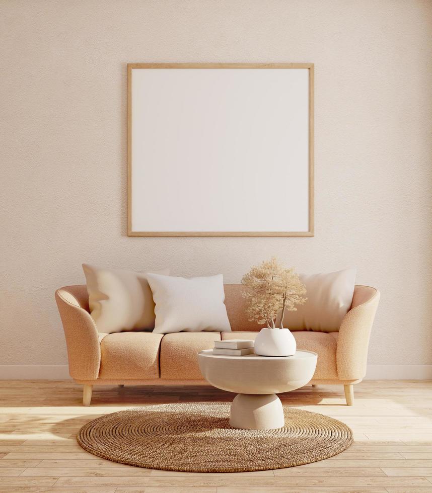 Living room.Sofa and blank picture frame with beige color.3d rendering photo
