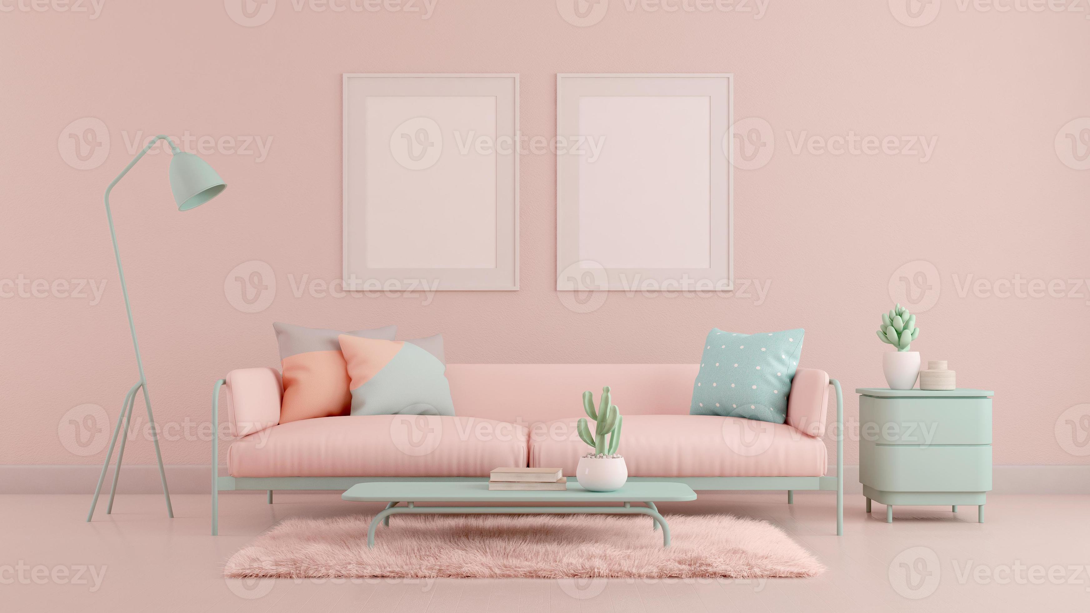 sala de estar. diseño con color pastel. sofá, mesa, alfombra y pared rosa.  representación 3d 8029086 Foto de stock en Vecteezy