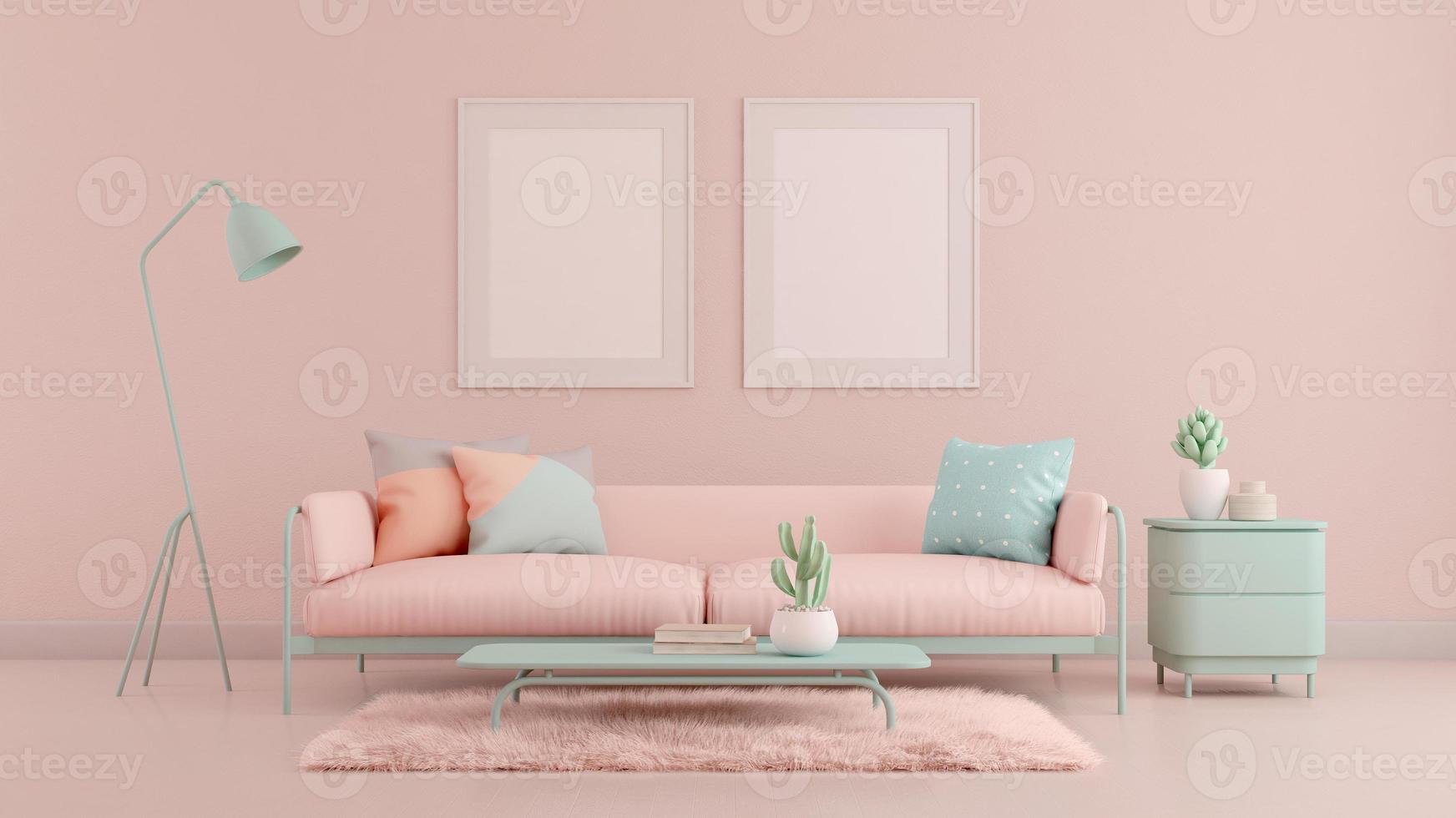 Living room.Design with pastel color.Sofa,table,carpet and pink wall.3d rendering photo