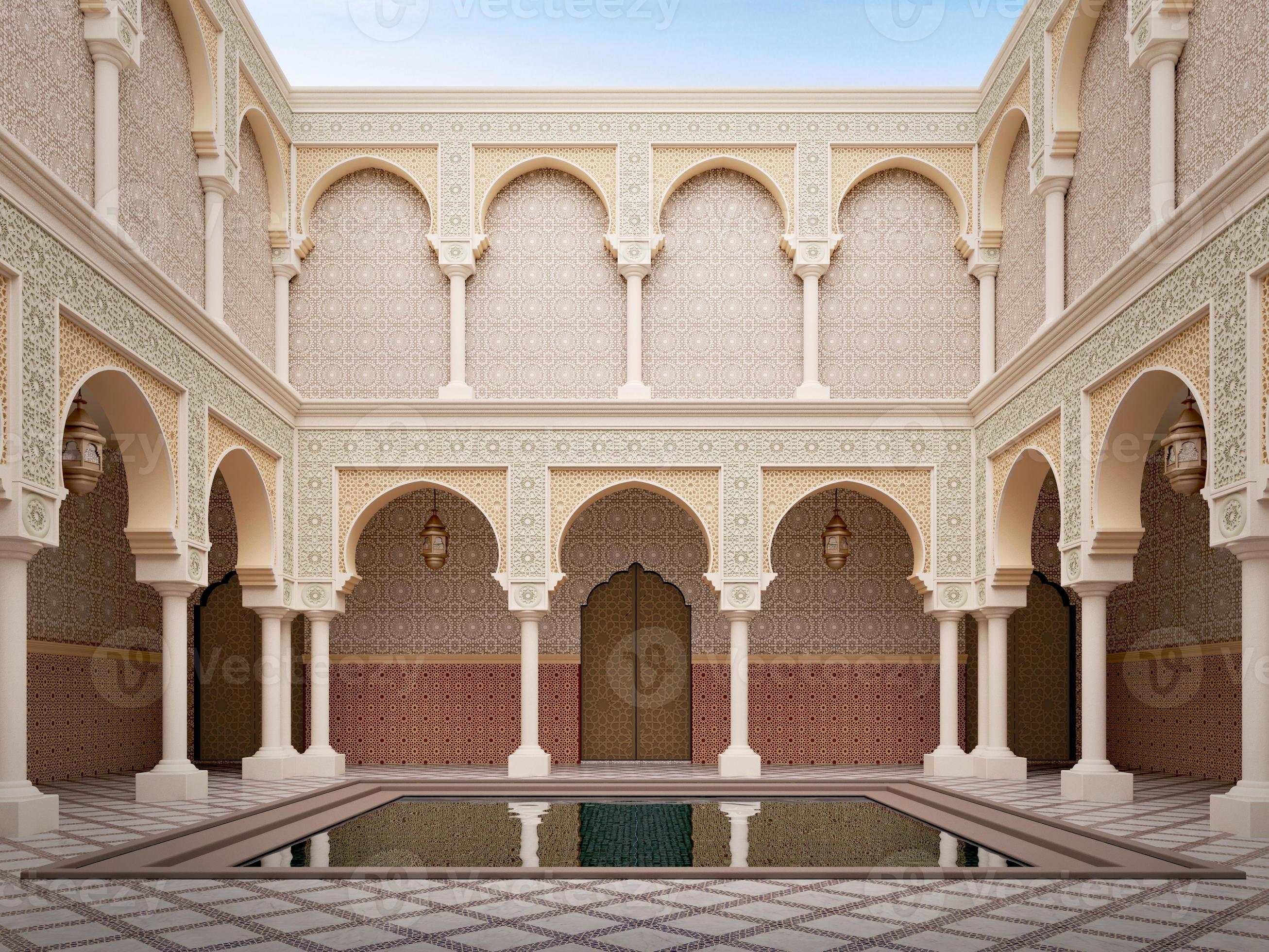 Arabic,Islamic style courtyard,patio with pond.3drendering 8029092