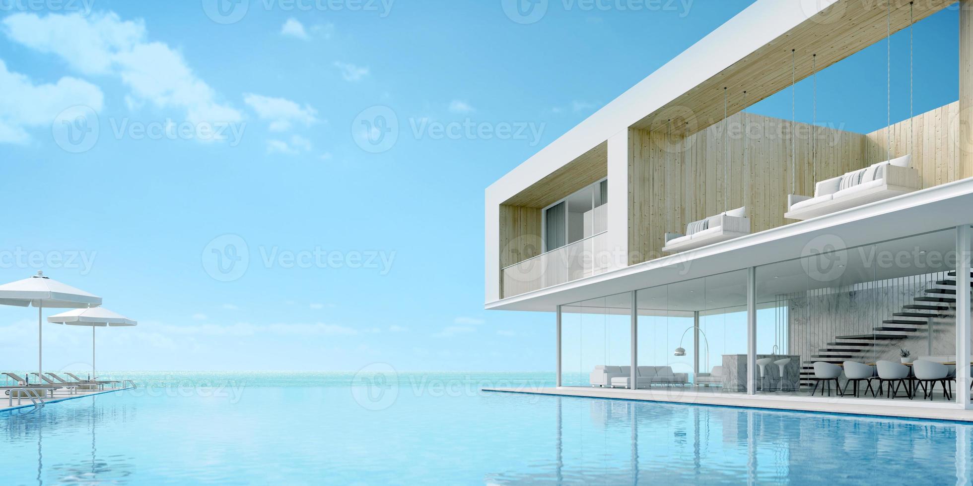 casa de playa moderna con piscina con vistas al mar y terraza en vacaciones. Representación 3d foto