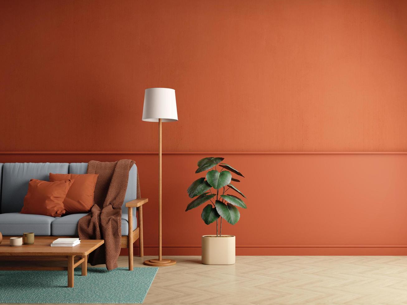 interior de la sala de estar roja de maqueta con lámpara de mesa de sofá y espacio de copia. representación 3d foto