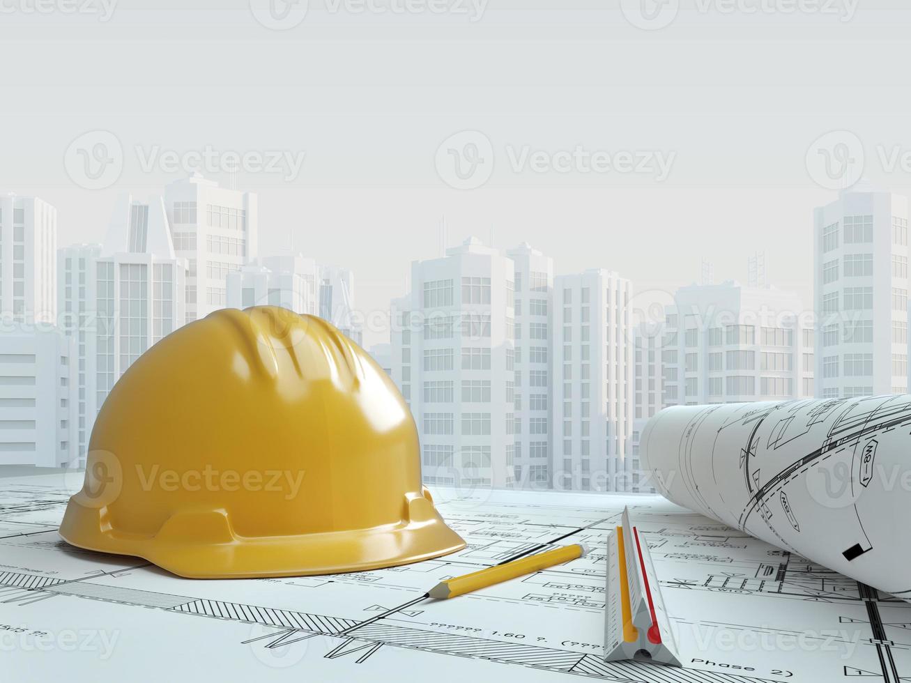 Hard hat and blueprint plan with building background.Architect concept.3d rendering photo